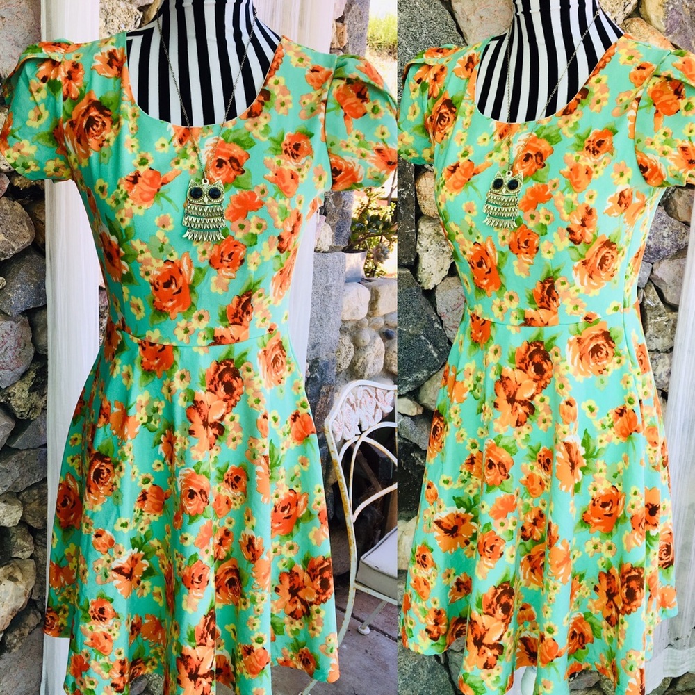 Romantic Floral Skater Style Summer AquaMint Dress
